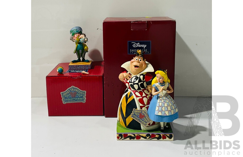Pair of Disney Showcase Disney Traditions Figures Designed by Jim Shore Including “chaos and Curiosity” and “a Spot of Tea”