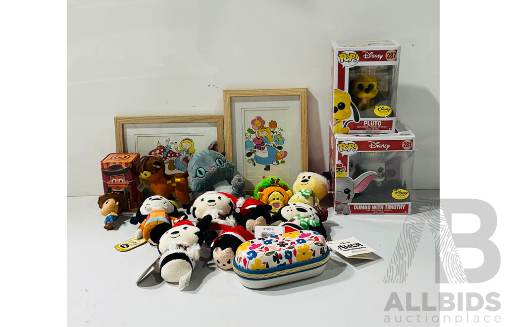 Collection of Disney Memorabilia Including Several Small Stuffed Toys, Funko Pop Figures and More