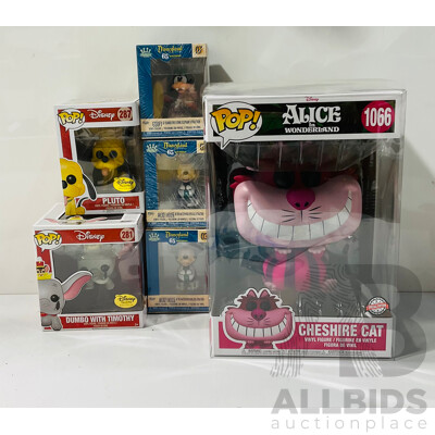 Three Oversized Alice in Wonderlands Funko Pops in Original Packaging Including Cheshire Cat, Alice with Flowers and Alice at the Mad Tea Party