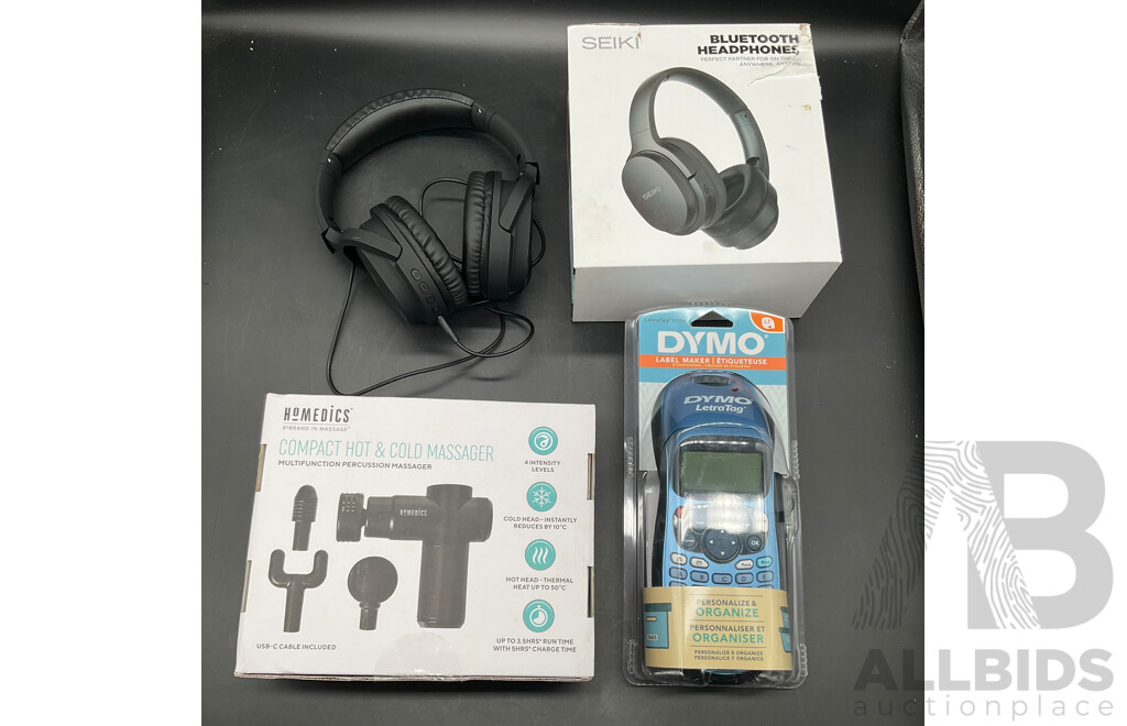 Assorted Useful Gadgets - Headphones, Dymo LetraTag and Homedics Massager - Lot of 4