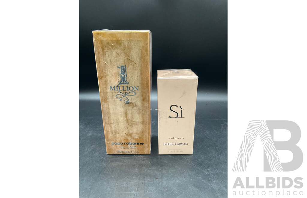 GIORGIO ARMANI Si 50ml EAU De Parfum and 1 MILLION Paco Rabanne 200ml Eau De Toilette  - Lot of 2