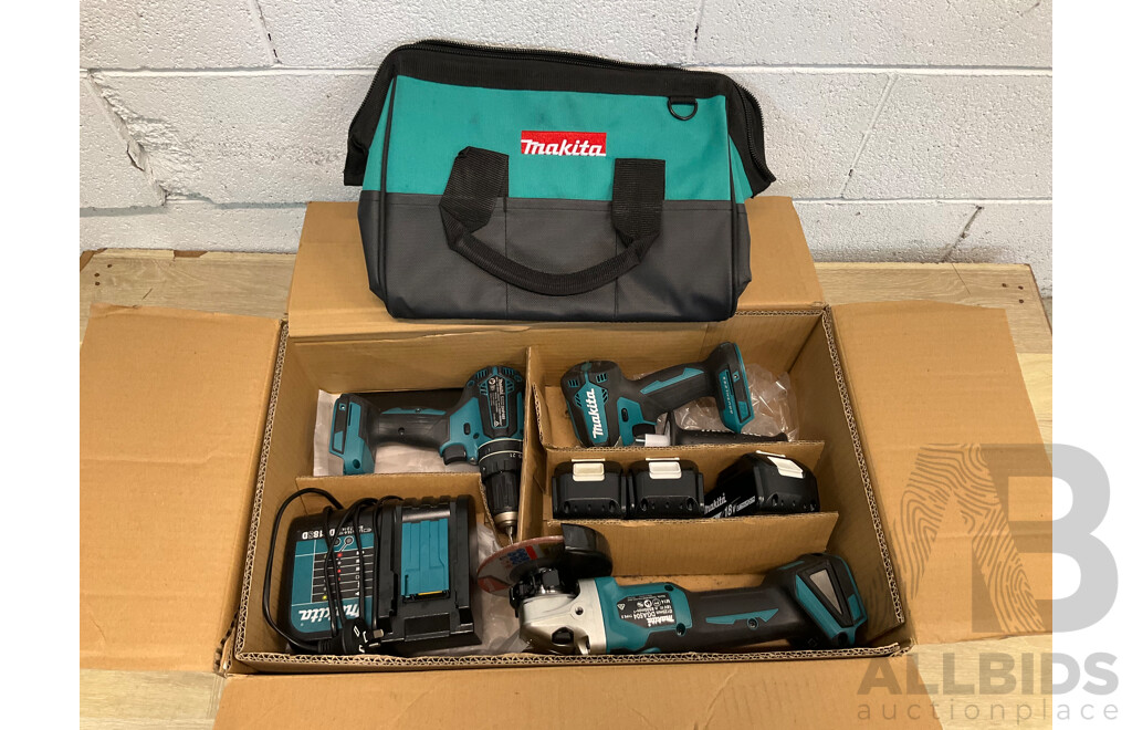 MAKITA BRUSHLESS 18v 3 Piece Combo Kit with 3x Batteries, Charger and Bag