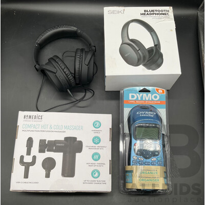 Assorted Useful Gadgets - Headphones, Dymo LetraTag and Homedics Massager - Lot of 4