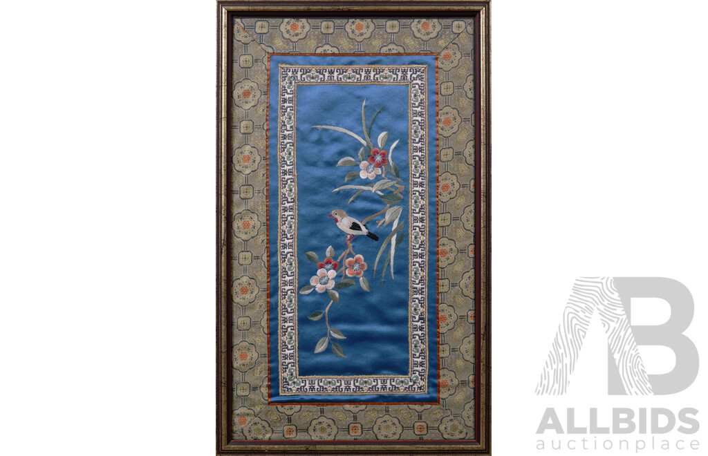 Chinese School, (c Late 1800s/Early 1900s), Antique Mandarin Sleeve Featuring Hwamei Bird on Blossoms, Finely Embroidered Silk Brocade Panel, 45 X 27 cm (frame)