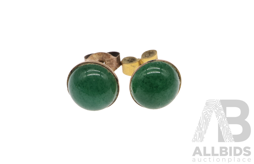 14ct Vintage Chinese Jade Cabochon Rose Gold Stud Earrings, 8.7mm Diameter, 1.38 Grams