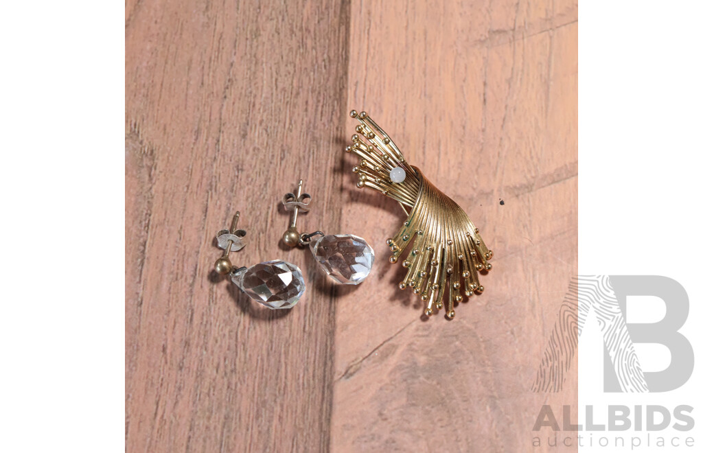 Vintage 'Foreign' Rolled Gold Fanned Brooch with Quartz Ball Embellishment & Vintage Crystal Drop Stud Earrings