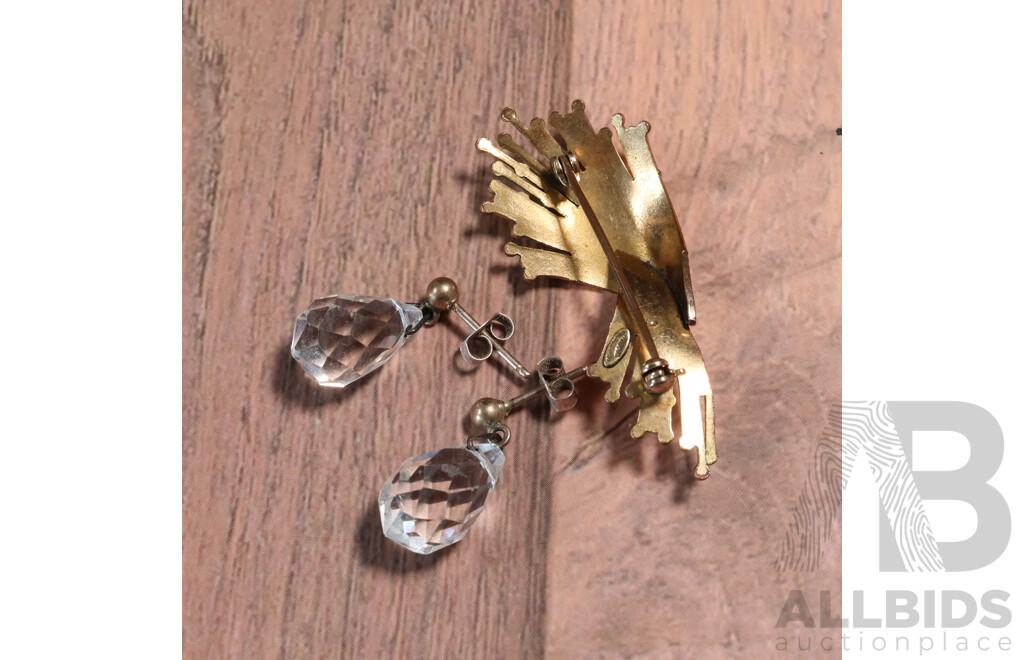 Vintage 'Foreign' Rolled Gold Fanned Brooch with Quartz Ball Embellishment & Vintage Crystal Drop Stud Earrings