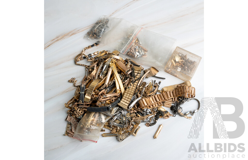 Collection of Vintage Rolled Gold and Gold/silver Tone Ladies Watch Bands and Spare Links & Parts, 445 Grams