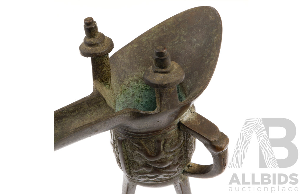 Antique Chinese Bronze Tripod Ding Ritual Vessel with Archaistic Style Decoration, Possibly Ming