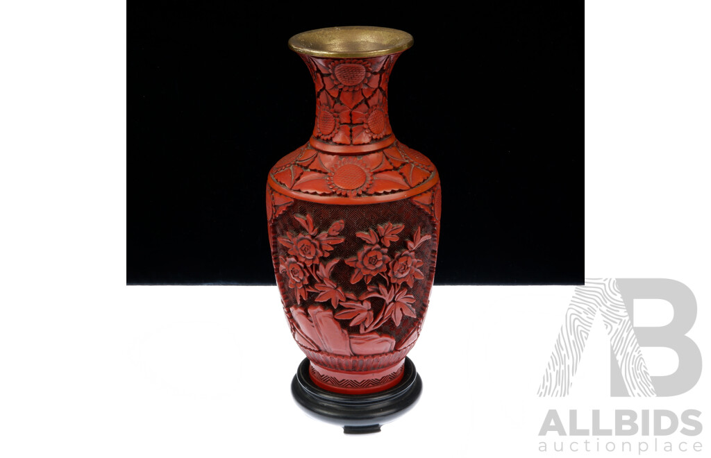 Vintage Chinese Carved Cinnabar Style Vase on Wooden Stand