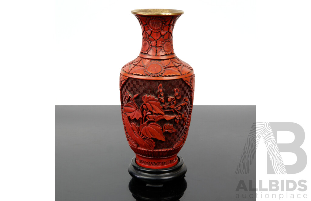 Vintage Chinese Carved Cinnabar Style Vase on Wooden Stand