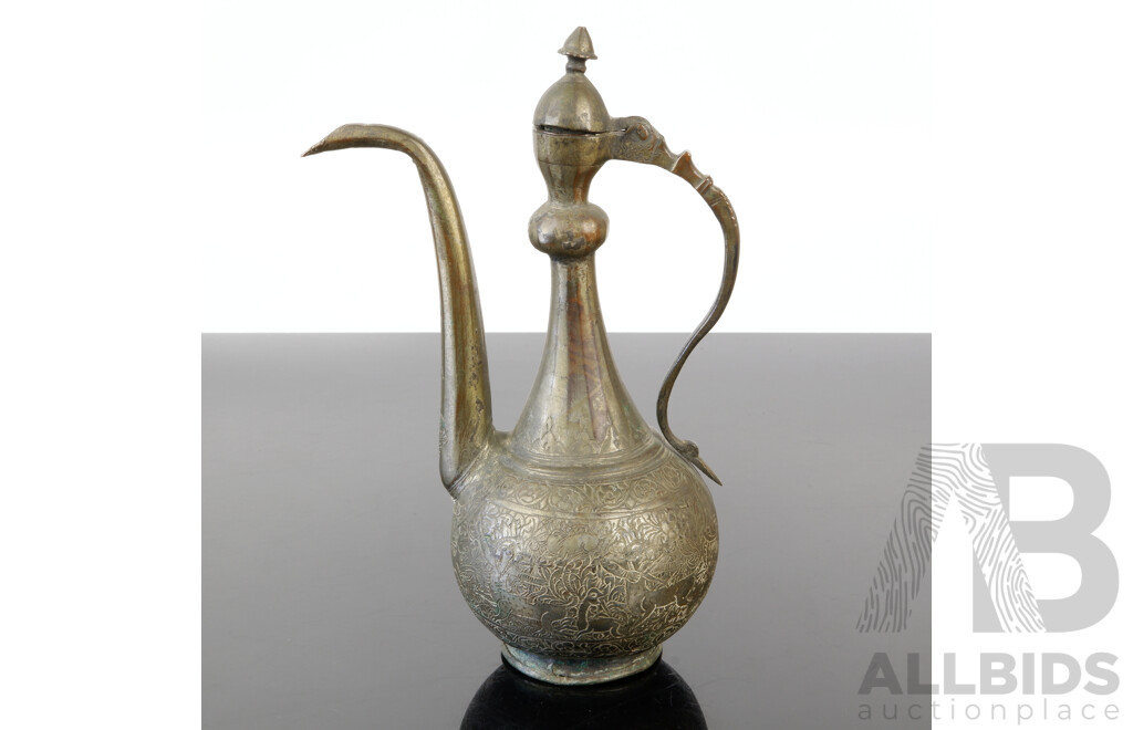 Antique Middle Eastern Metal Ewer with Engraved Detail