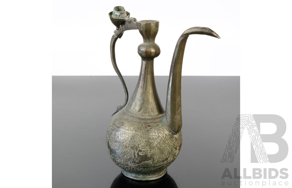 Antique Middle Eastern Metal Ewer with Engraved Detail