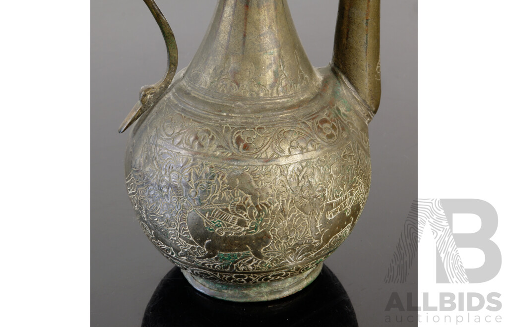 Antique Middle Eastern Metal Ewer with Engraved Detail