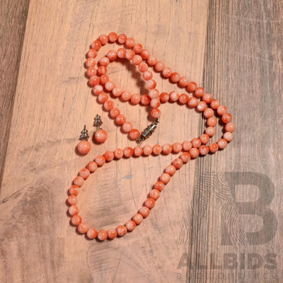 Vintage Coral 6mm Beaded Necklace 55cm with Matching 7.8mm Stud Earrings