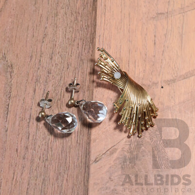 Vintage 'Foreign' Rolled Gold Fanned Brooch with Quartz Ball Embellishment & Vintage Crystal Drop Stud Earrings