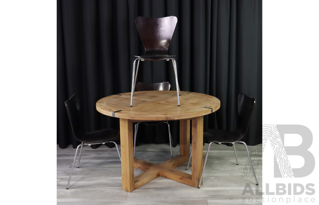 Round Modern Oak Dining Table with Four Ant Style Chairs