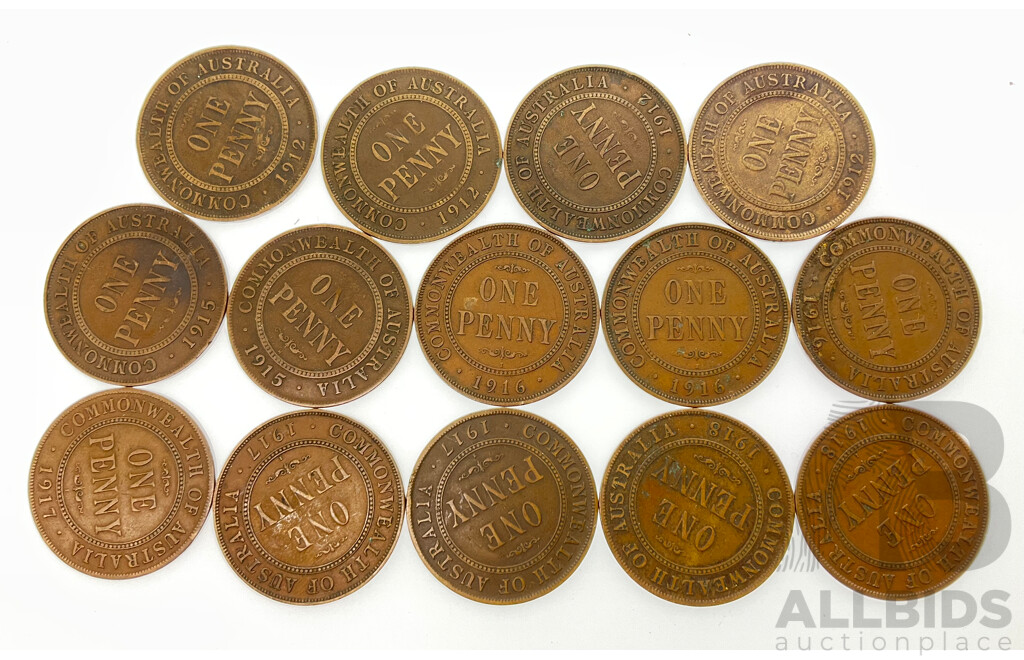 Australian KGV Pennies, All Minted Overseas, Including 1912H(4) 1915H(2) 1916I(3) 1917I(3) 1917I, 1918I(2)