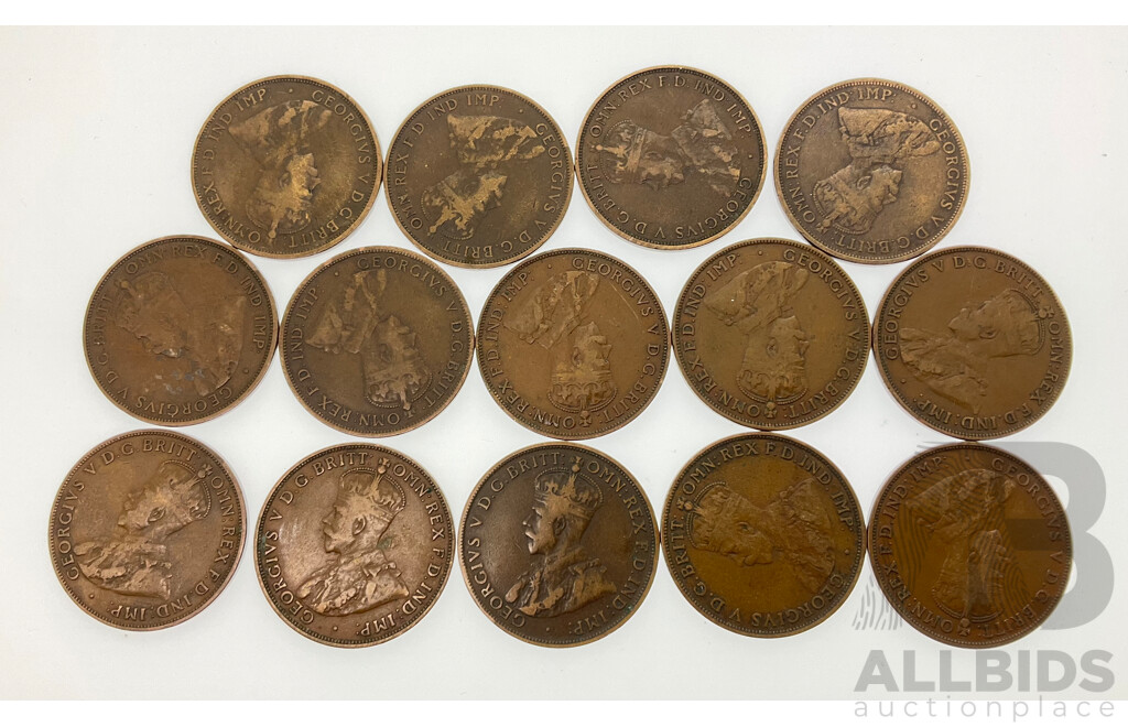 Australian KGV Pennies, All Minted Overseas, Including 1912H(4) 1915H(2) 1916I(3) 1917I(3) 1917I, 1918I(2)