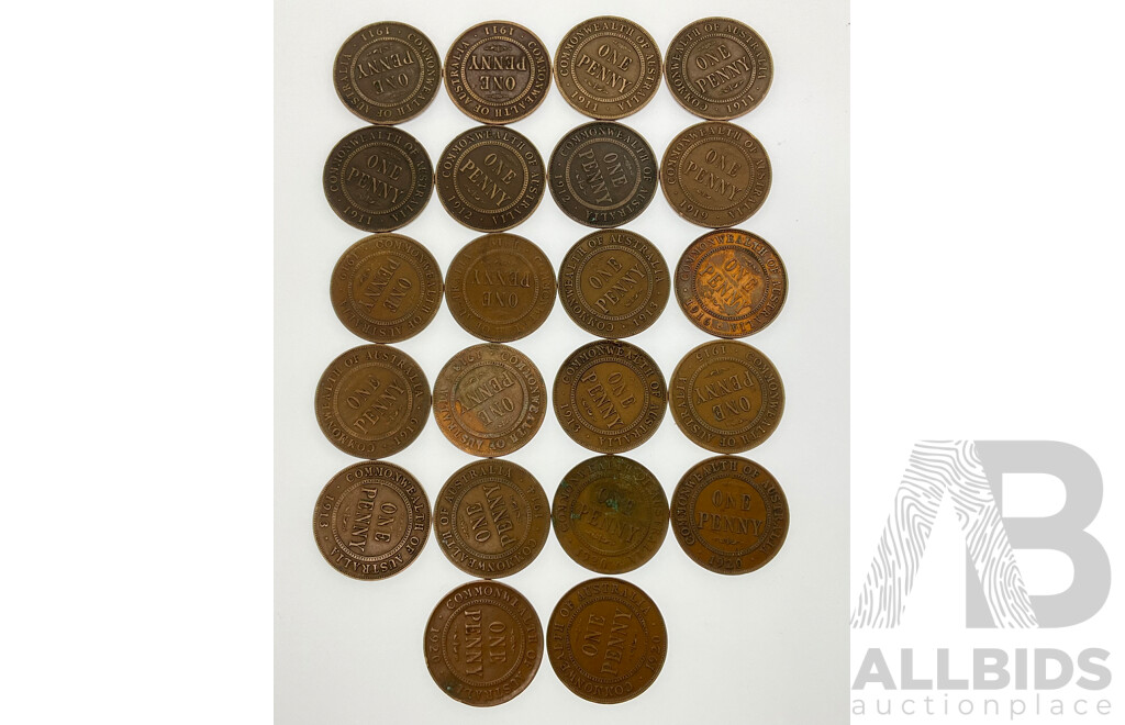 Collection of Australian KGV Pennies, Examples From 1911 to 1920 Including 1920 Dot Above Scroll