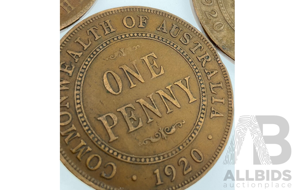 Collection of Australian KGV Pennies, Examples From 1911 to 1920 Including 1920 Dot Above Scroll