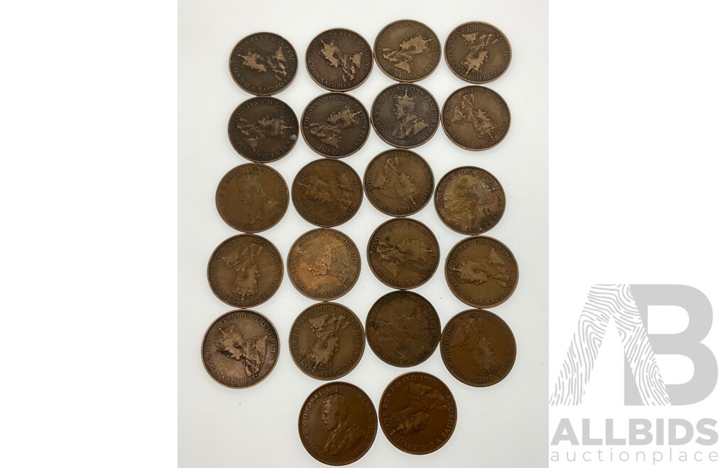 Collection of Australian KGV Pennies, Examples From 1911 to 1920 Including 1920 Dot Above Scroll