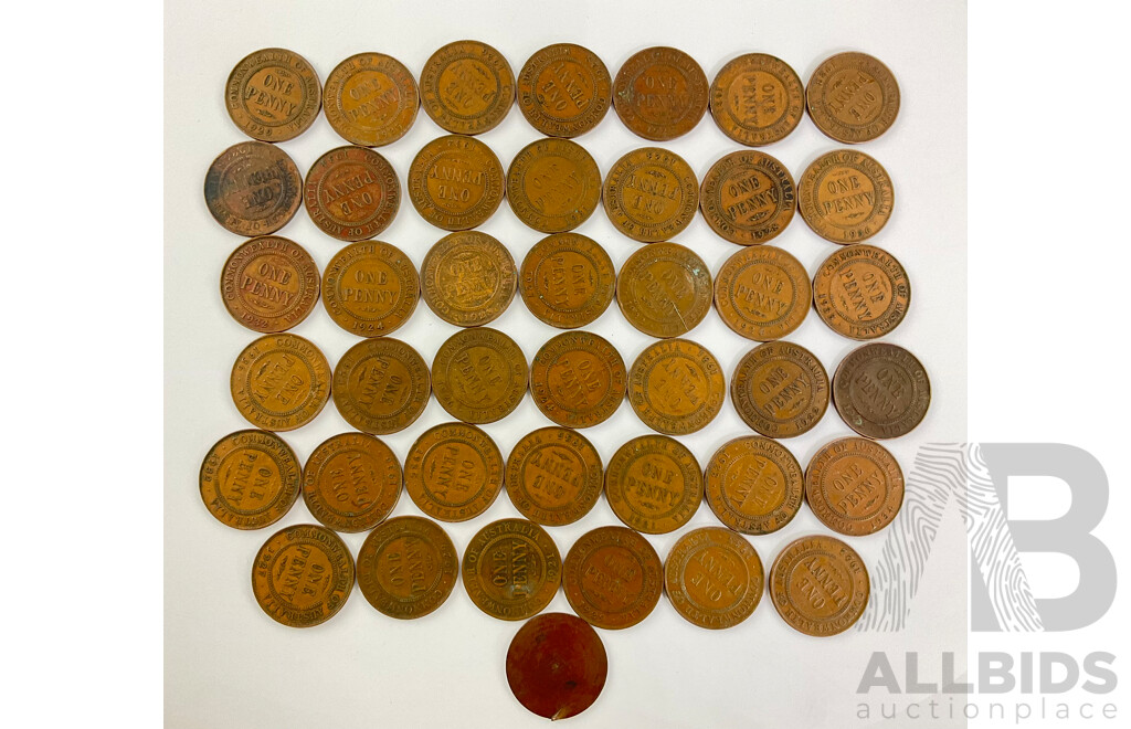 Collection of Australian KGV Pennies, Examples From 1921 to 1936 Includes 1931 and Example with Reverse Machined Smooth