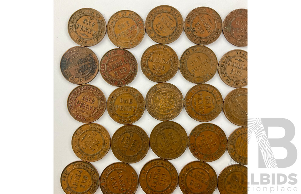 Collection of Australian KGV Pennies, Examples From 1921 to 1936 Includes 1931 and Example with Reverse Machined Smooth