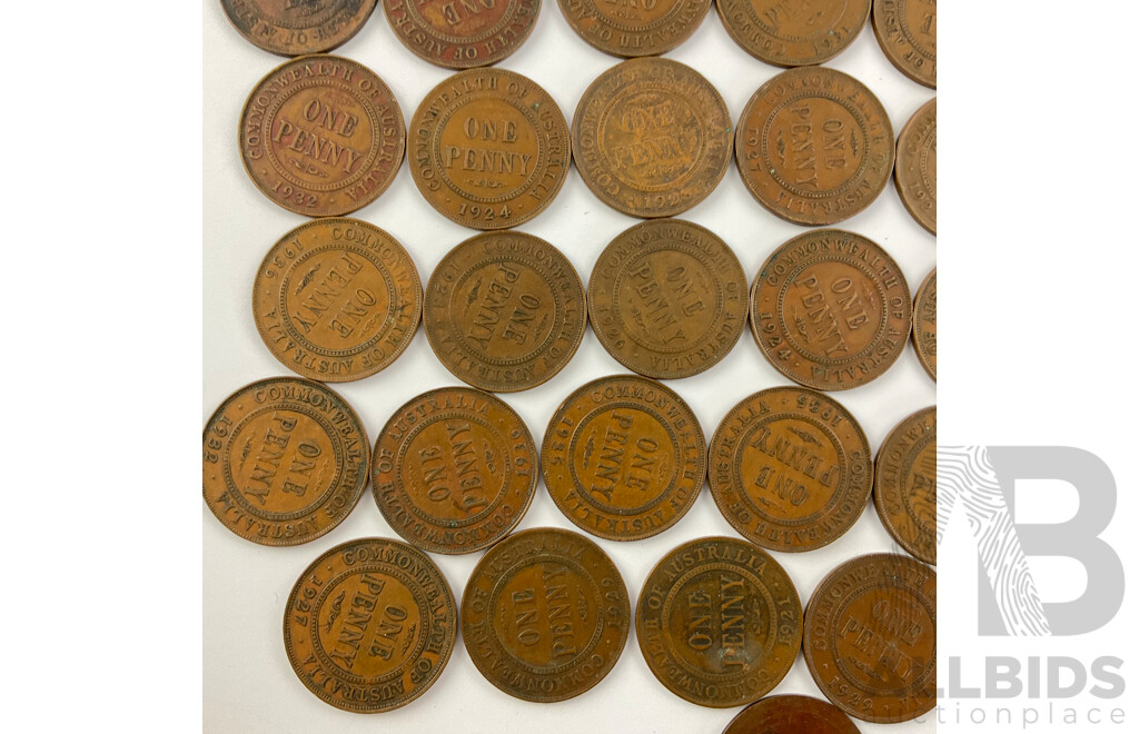 Collection of Australian KGV Pennies, Examples From 1921 to 1936 Includes 1931 and Example with Reverse Machined Smooth