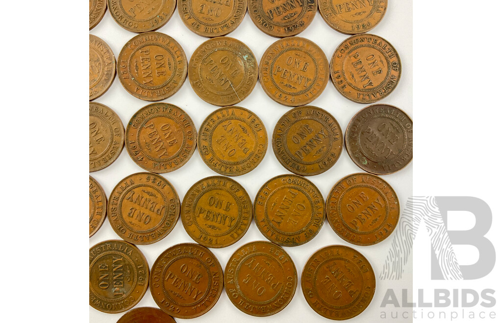 Collection of Australian KGV Pennies, Examples From 1921 to 1936 Includes 1931 and Example with Reverse Machined Smooth