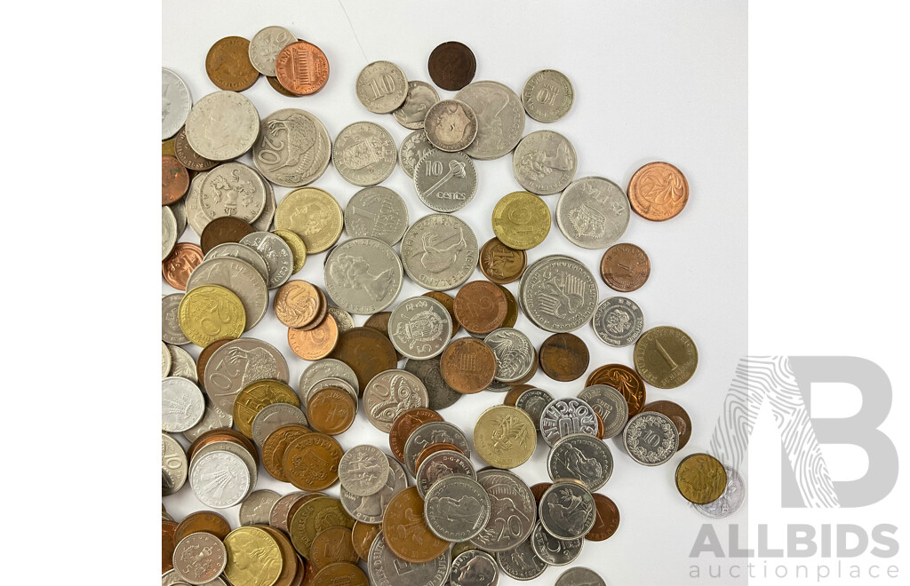 Collection of International Coins Including Germany, Netherlands, United Kingdom, Fiji, Singapore, New Zealand 1939 Silver Threepence, UK 1903 Silver Sixpence and More Approximately 900 Grams