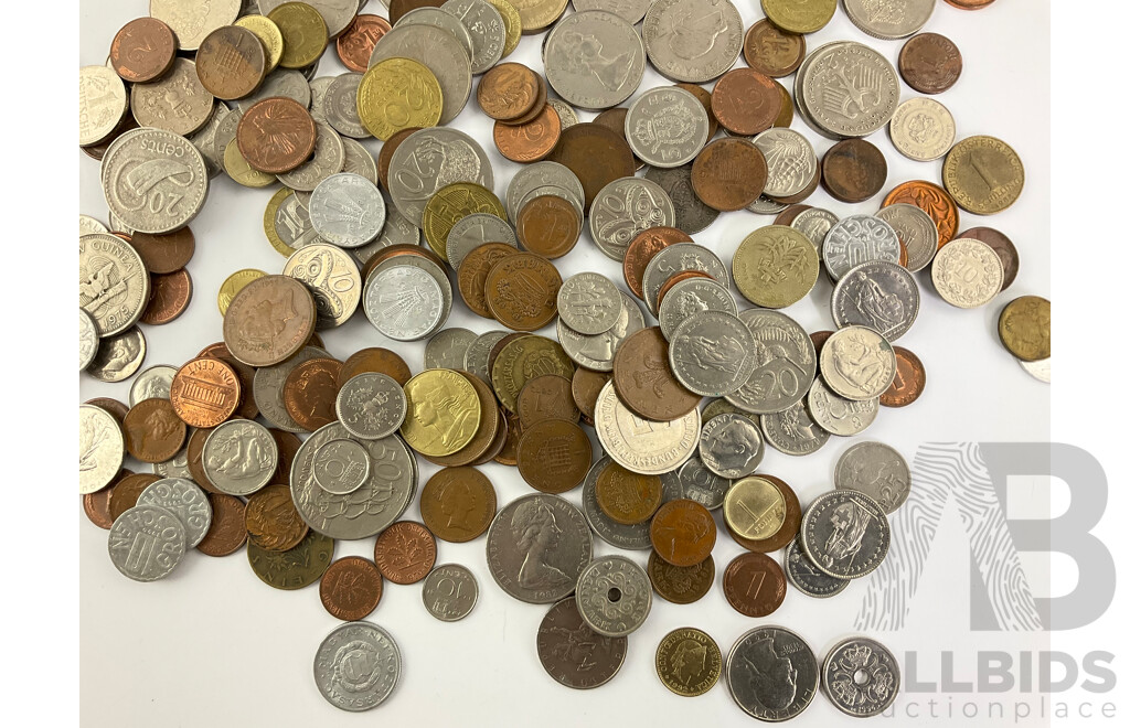 Collection of International Coins Including Germany, Netherlands, United Kingdom, Fiji, Singapore, New Zealand 1939 Silver Threepence, UK 1903 Silver Sixpence and More Approximately 900 Grams