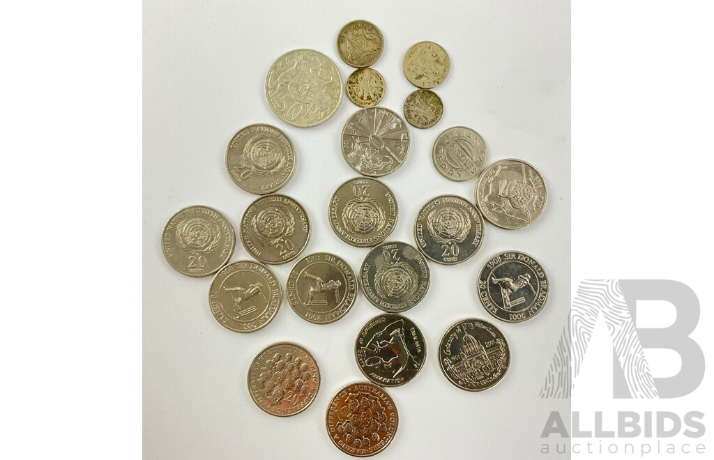 Collection of Australian Coins Including 1966 Round Silver Fifty Cent, Post 1945 Sixpence(2) Threepence (2) Commemorative Twenty Cent Coins, 2001 Federation, 1995 United Nations