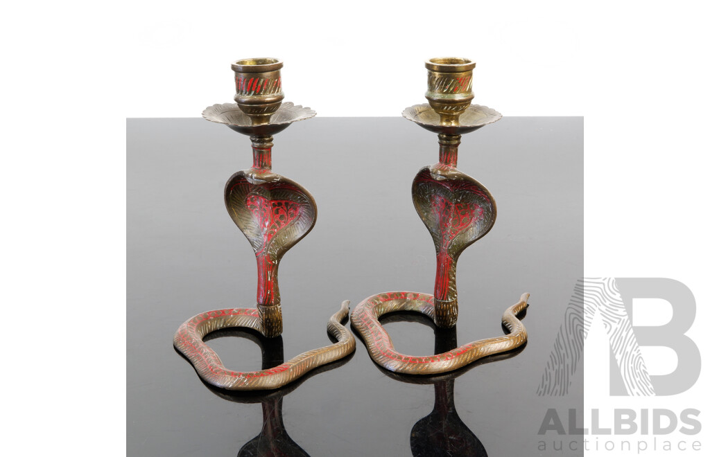 Pair Sub Continental Brass Painted Cobra Form Candle Holders