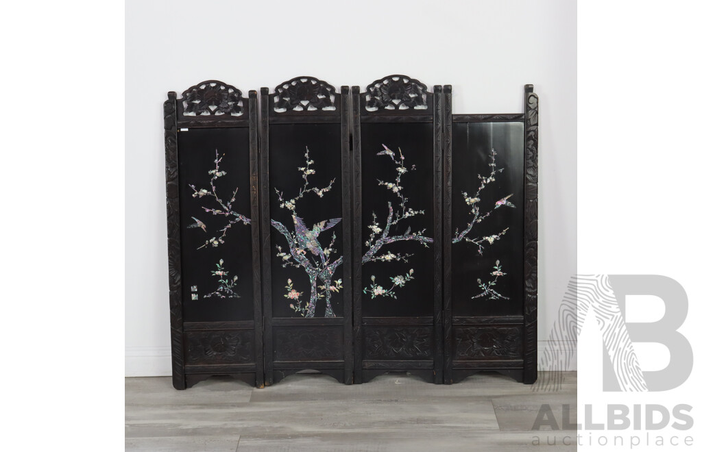 Four Panel Carved Screen with Bird and Blossom Inlay