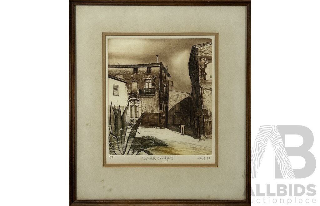 Miles, (Working c1970s), Spanish Courtyard, Vintage Hand Coloured Etching, Artist's Proof, 26 x 22 cm (image)