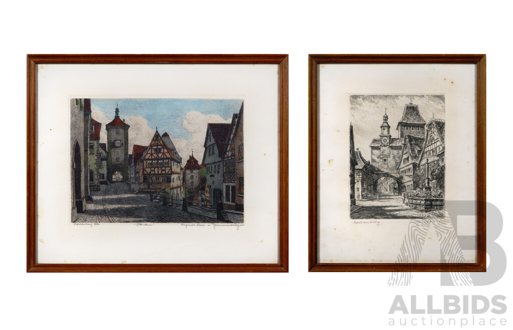 Rothenburg, Pair of Vintage Etchings of the German City - One Hand Coloured, 36 x 43 cm (largest frame)