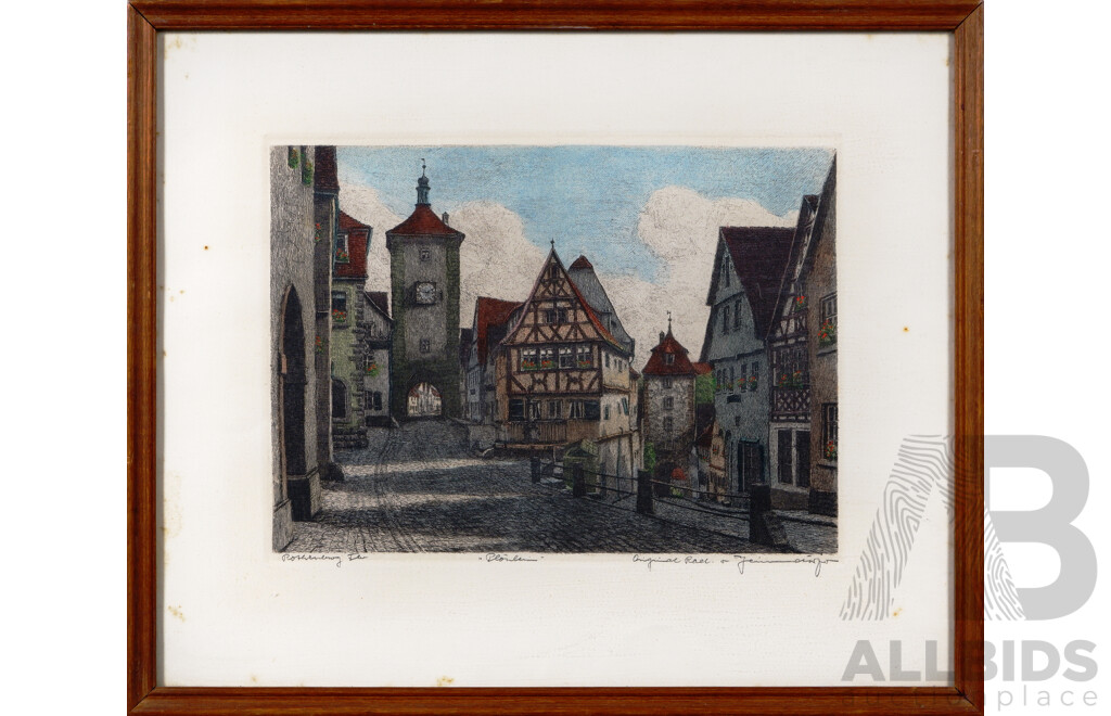 Rothenburg, Pair of Vintage Etchings of the German City - One Hand Coloured, 36 x 43 cm (largest frame)