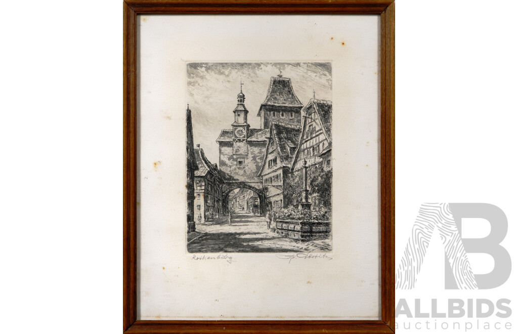 Rothenburg, Pair of Vintage Etchings of the German City - One Hand Coloured, 36 x 43 cm (largest frame)