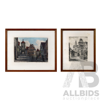 Rothenburg, Pair of Vintage Etchings of the German City - One Hand Coloured, 36 x 43 cm (largest frame)