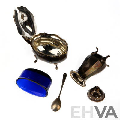Antique English Sterling Silver Condiment Set Comprising of Salt Cellars with Bristol Blue Glass Liner, Spoon & Pepper Shaker, Birmingham 1924
