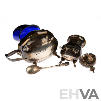 Antique English Sterling Silver Condiment Set Comprising of Salt Cellars with Bristol Blue Glass Liner, Spoon & Pepper Shaker, Birmingham 1924
