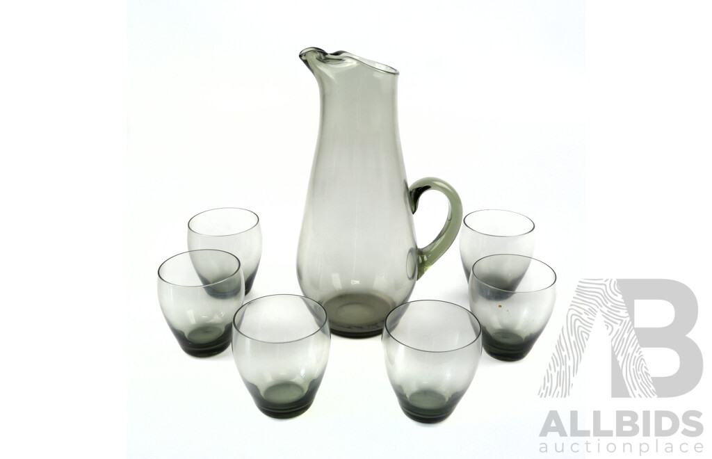 Funky Retro Smokey Glass Pitcher with Set Six Matching Tumblers