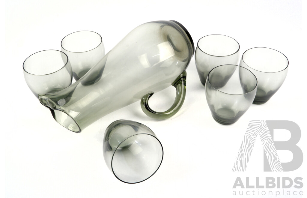 Funky Retro Smokey Glass Pitcher with Set Six Matching Tumblers