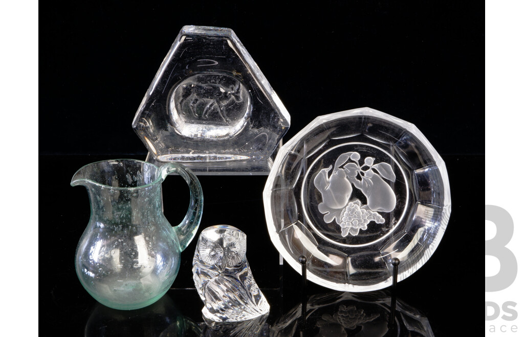 Waterford Crystal Owl Figure, Swedish Orrefors Hexagonal Dish with Bovine Theme, Val St Lambert Dish and Studio Art Glass Jug with Internal Bubble Detail