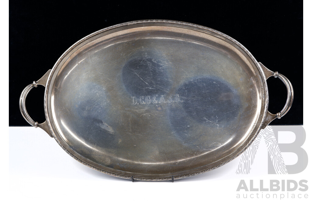 Large Heavy Sterling Silver Twin Handled Butlers Tray with Engraved Initials to Center, Weight 2049g