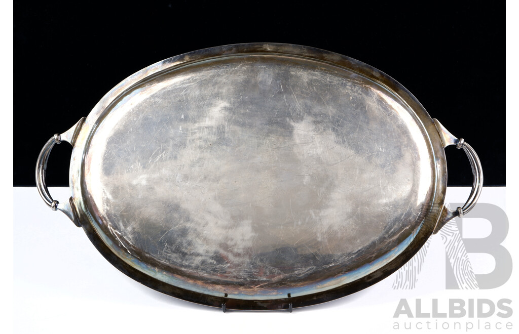 Large Heavy Sterling Silver Twin Handled Butlers Tray with Engraved Initials to Center, Weight 2049g