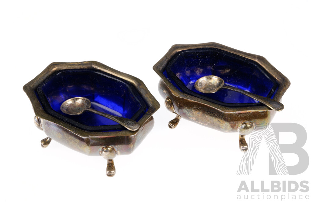 Antique English Sterling Silver Condiment Set Comprising Two Hexagonal Form Salt Cellars with Bristol Blue Glass Liners, Birmingham 1911, with Two Sterling Silver Condiment Spoons