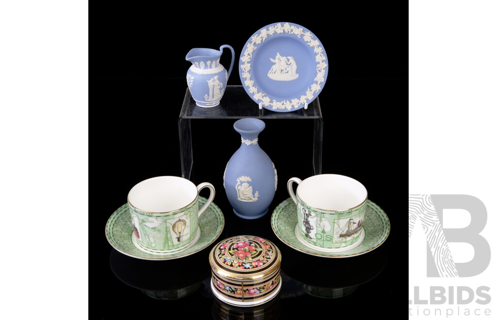 Collection Wedgwood Porcelain Comprising Pair Duos in Millenium Pattern, Three Pieces Jasperware, Lidded Dish in Clio Pattern