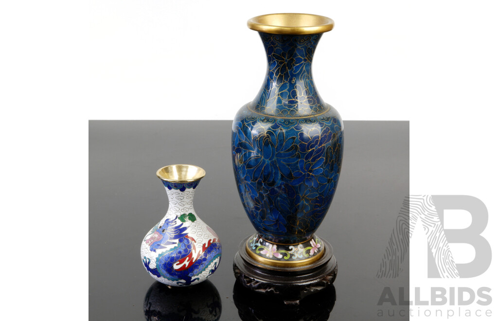 Chinese Cloisonne Vase on Wooden Stand Along with Smaller Example